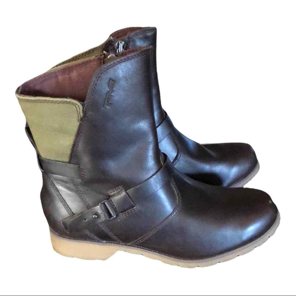 TEVA de la vina brown‎ leather sage Green canvas moto boots women’s US 6 EU 37